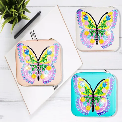 Vista 4 de Paquete de 3 joyeros de viaje de mariposa para niñas, pintura de diamantes, mini estuche de viaje para joyas, estuche organizador de viaje y soporte