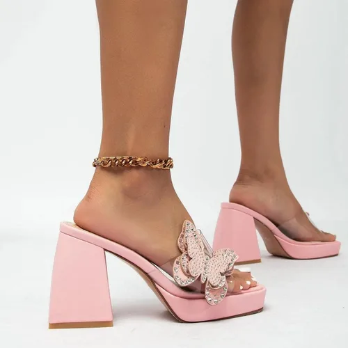 Vista 8 de NEWBELLA Sandalias de tacón alto de mariposa con diamantes de imitación, tacones gruesos con punta cuadrada abierta, pantuflas de verano sin