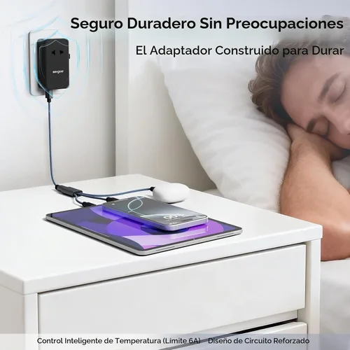 Vista 6 de Adaptador de viaje universal, adaptador de corriente internacional con 1 salida de CA, 1 USB-A y 2 puertos USB-C, funciona en más de 150 países