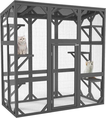 Vista 11 de Catio grande de madera para exteriores de 110 pulgadas, recintos para gatos al aire libre, cubierta resistente a la intemperie, dos puertas