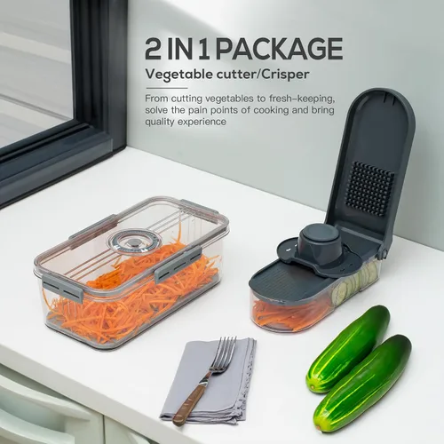 Vista 3 de Cutesun - Recipientes apilables transparentes para frutas y verduras con tapa y rebanadora de mandolina 6 en 1 para cocina, rallador de queso