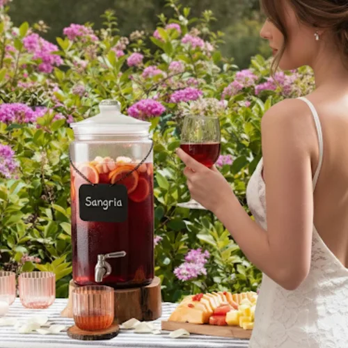 Vista 7 de Dispensador de bebidas de vidrio de 2 galones con boquilla para fiestas, soporte hermético alto y hermético para servir bebidas estilo masón