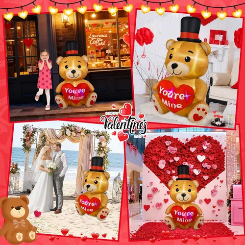Vista 8 de B&D Oso inflable para el día de San Valentín de 4 pies con corazón de amor, decoraciones de patio inflables con luces LED RGB integradas, decoración