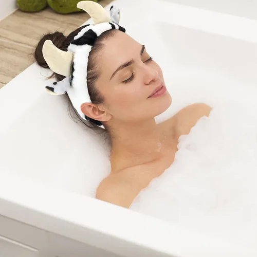 Vista 7 de CAVETEE Juego de 3 diademas y pulseras, en forma de cuerno de vaca negro y blanco, diadema y pulsera elástica cosmética para spa, maquillaje
