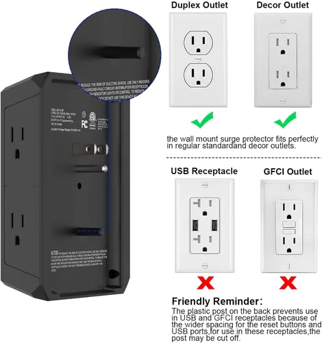Vista 5 de POWERIVER - Extensor de sobretensiones multitoma de corriente con 5 salidas de CA y 4 puertos USB (2 USB C), 1,680 julios, divisor de salida