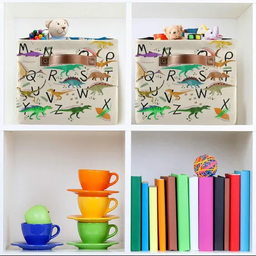 Vista 6 de Emelivor ABC - Contenedor de almacenamiento plegable con asa rectangular impermeable ABC Dinosaurios cesta para almacenamiento cubo organizador
