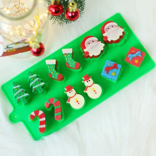 Vista 4 de YuCool Paquete de 3 moldes de silicona de Navidad para chocolate y caramelos, pequeños moldes de silicona para hornear – rojo, verde, rosa