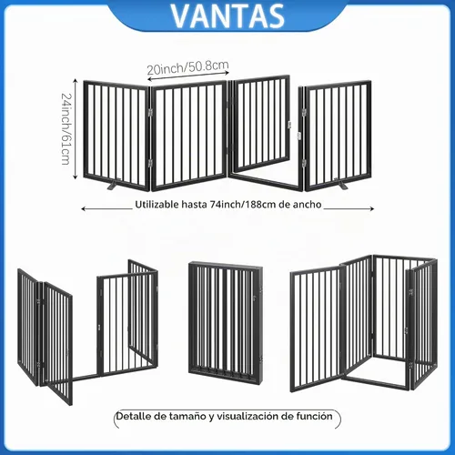 Vista 7 de Vantas - Puerta para perros plegable e independiente extra ancha con puerta, 80 x 24 pulgadas, color negro