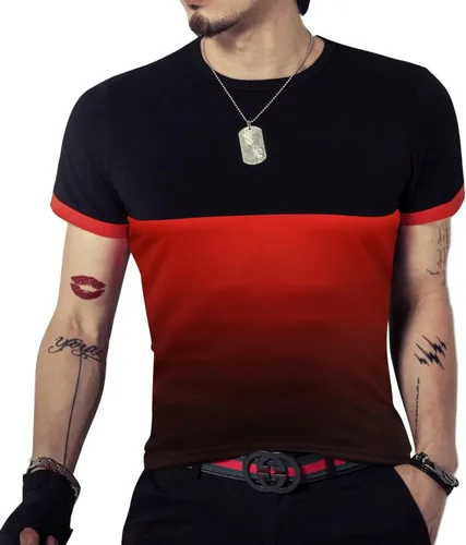 Vista 4 de kuboyee Mens Slim Fit Cotton T-Shirt Short Sleeve Crew Neck Contrast Gradient Color Stitching Tops Fashion Shirts Casual Tee