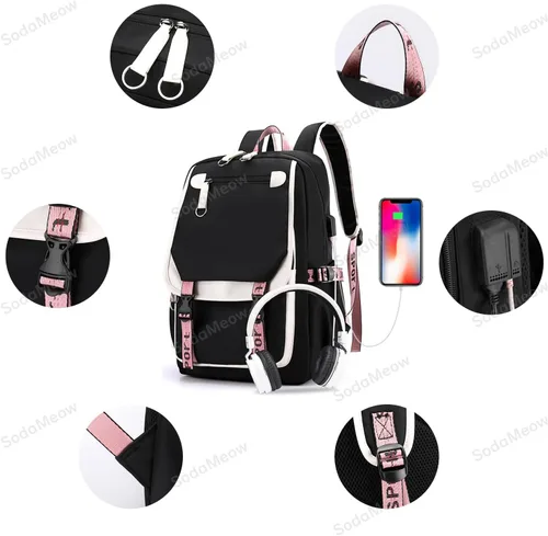 Vista 5 de SodaMeow Mochila Anime Demon Mochila Nezuko Mochila Slayer Bolsa Kimetsu no Yaiba con puerto de carga USB, llavero gratis, Rosa-sabito, Casual