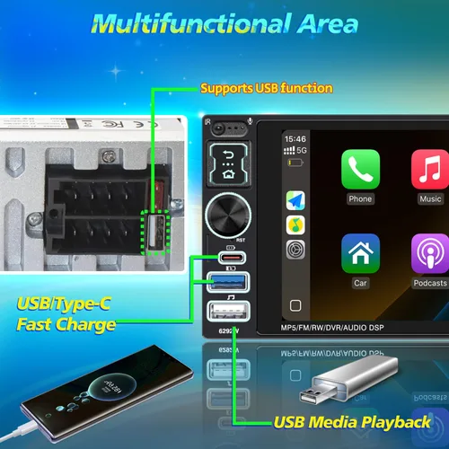 Vista 5 de 6.9" IPS solo Din pantalla táctil Radio inalámbrico Apple CarPlay Android Auto Car Stereo with Bluetooth 5.2,Physical Knob Control,Waterproof