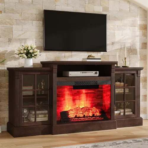 Vista 14 de AMERLIFE Soporte de TV con chimenea de 70 pulgadas para televisores de hasta 80 pulgadas, consola multimedia con armarios de almacenamiento