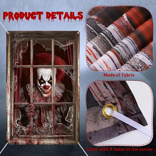 Vista 3 de Newwiee - 2 cortinas de Halloween aterradoras con silueta para ventana, decoración, póster temático para interiores y exteriores, fiestas, paredes