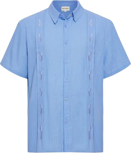 Vista 2 de Beotyshow Guayabera - Camisas de manga corta y larga bordadas de lino de piña con botones para hombre, camisas cubanas casuales de playa, 0-azul