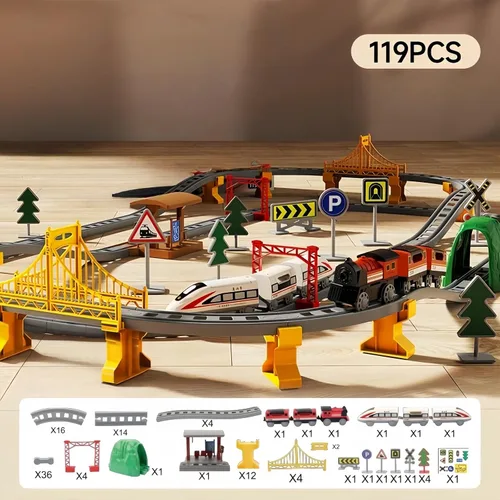Vista 2 de Juego de tren eléctrico de 119 piezas para niños de 4 a 8 años, juego de tren a pilas con rieles, regalos para niños de 3, 4, 5, 6, 7, 8 años o más