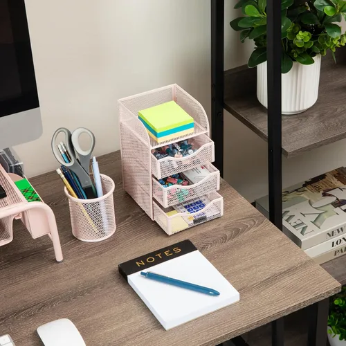 Vista 6 de Mind Reader Almacenamiento de accesorios de escritorio, cesta con clip para carpeta de papel, espacio de trabajo, oficina, malla metálica, 4.75 Rosa