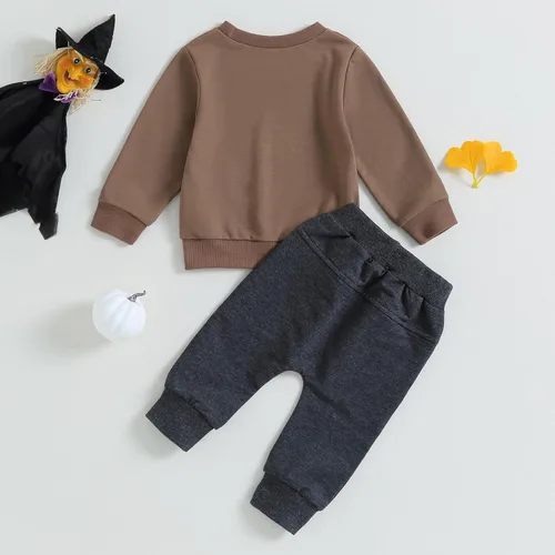 Vista 3 de Conjunto de sudadera con cuello redondo y estampado de fantasma de tablero de ajedrez y pantalones de Halloween para bebé niño