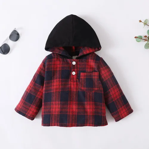 Vista 4 de VOLUOVO Conjunto de sudadera con capucha y bolsillo a cuadros para bebés y niños pequeños