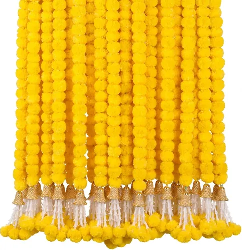 Vista 6 de 5 guirnaldas de caléndula de 5 pies de largo para decoración de hebras largas, flores artificiales de caléndula Decoración india para Pooja Boda