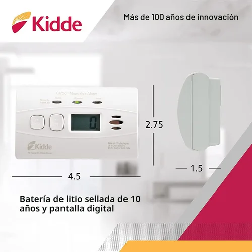 Vista 2 de Detector de monóxido de carbono Kidde con batería de 10 años, pantalla digital, 3 LEDs, indicador de reemplazo, memoria de nivel máximo