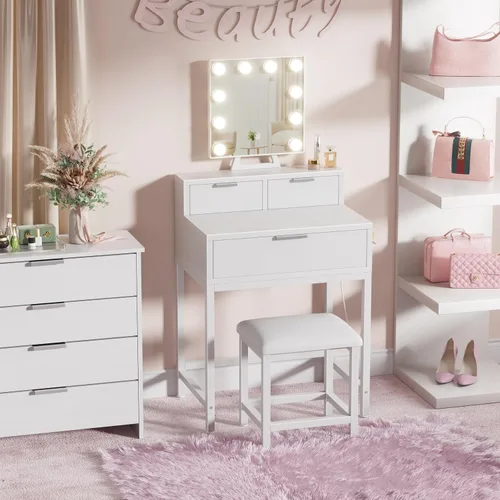 Vista 2 de BOLUO - Escritorio de maquillaje blanco con espejo de Hollywood y luces, juego de tocador para niñas con taburete, mesa de maquillaje compacta