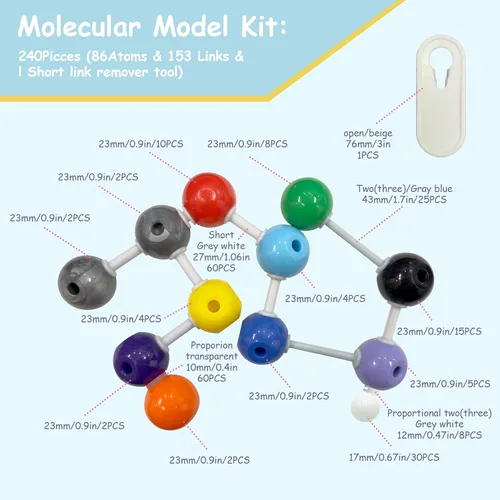 Vista 2 de Kit de 240 piezas de modelo molecular, conjunto de elementos de química atómica inorgánica, estructura molecular química orgánica, kit