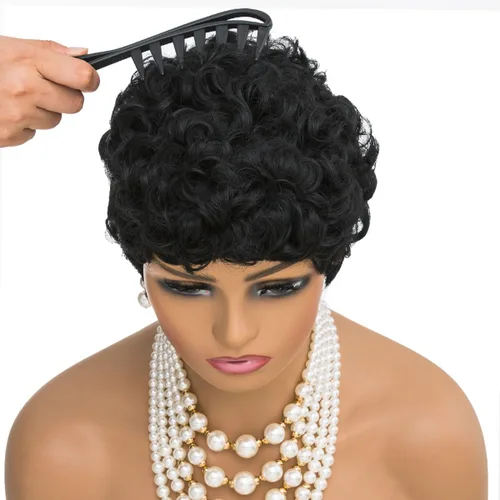 Vista 6 de MOONSHOW Pelucas cortas de corte Pixie para mujeres negras, pelucas cortas Pixie negras naturales para mujeres negras, peluca sintética rizada