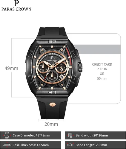 Vista 4 de Paras Crown Watches for Men Tonneau 5ATM Waterproof Quartz Luxury Chronograph Analog Men's Wrist Watches Stainless Steel Case Mens Watches Negro