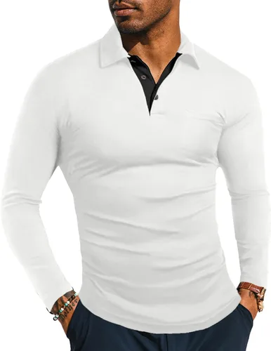 Vista 22 de KUYIGO Camisas de manga larga y corta estilo polo para hombre, estilo informal, ajustadas, diseño sólido, suave, con botones, de algodón, con A1