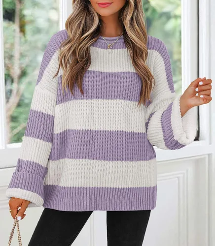 Vista 53 de ZESICA Suéter tejido sin botones de manga larga y cuello redondo, a rayas, bloques de color, cómodo, holgado, talla extragrande para mujer de 2024