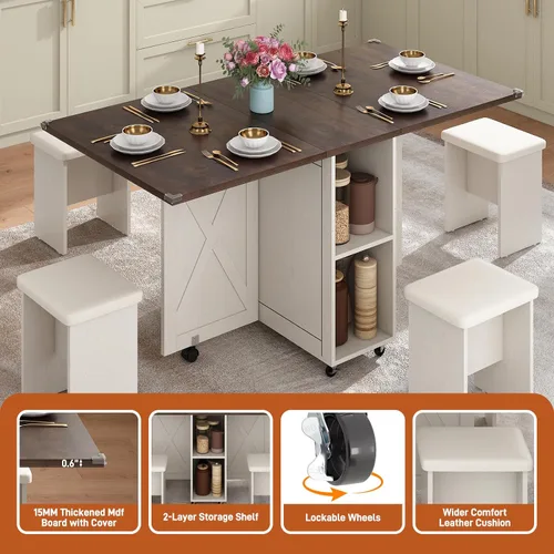 Vista 8 de Juego de mesa de comedor de granja de 5 piezas para 4, mesa plegable grande de 117 cm con 4 sillas de cuero, mesa de cocina plegable con ala