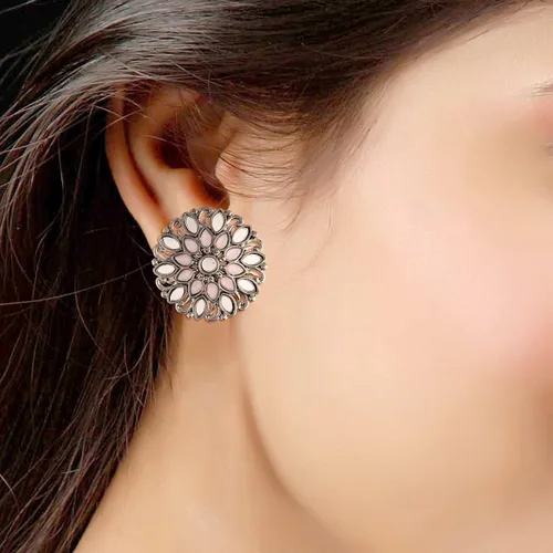 Vista 3 de I Jewels 18k Silver Oxidized Indian Wedding Bollywood Kundan Studded Meena Work Designer Circular Stud Earrings for Women(E2933Z)