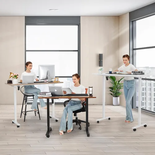 Vista 2 de farexon Marco de escritorio eléctrico de pie con bandeja de gestión de cables, ruedas y ganchos, escritorio de pie de doble motor resistente