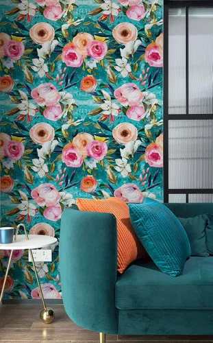 Vista 5 de HAOKHOME Papel tapiz floral para despegar y pegar, verde azulado/rosa, extraíble, texturizado, para decoración de dormitorio, guardería, 17.7