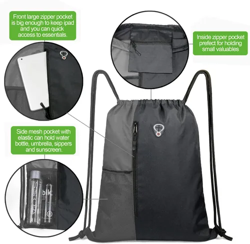 Vista 4 de Mochila con cordón, con estilo deportivo, bolsa de gimnasio para mujeres, hombres y niños, bolsa de gran tamaño con zíper y bolsillos de malla