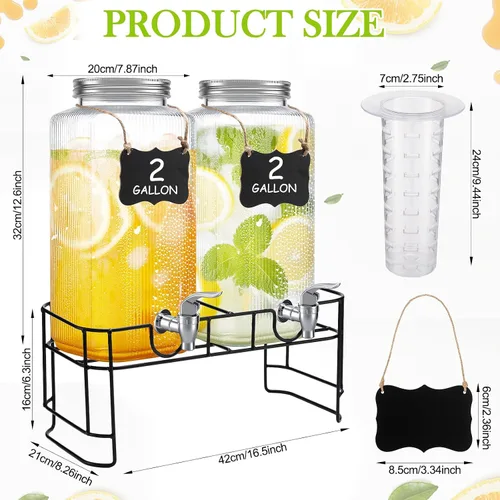 Vista 2 de FillTouch Paquete de 2 dispensadores de bebidas de vidrio de 2 galones, dispensador de bebidas de vidrio con soporte y filtro a prueba de fugas