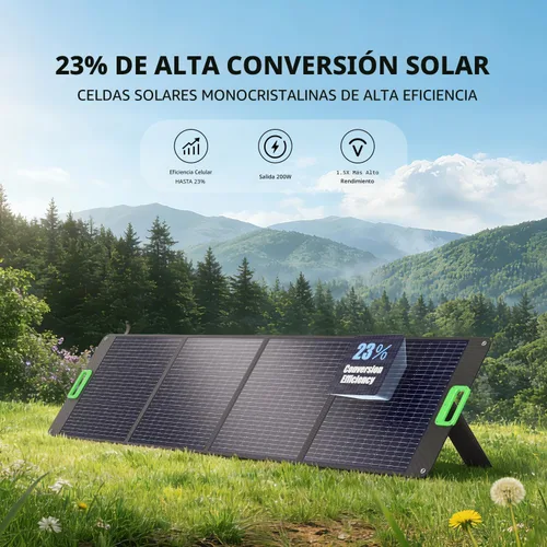 Vista 2 de Panel solar portátil de 200 W, 23.5% ETFE de alta eficiencia, cargador solar plegable para estación de energía, impermeable IP65 con 4 soportes