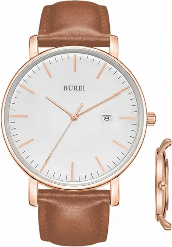 Vista 12 de BUREI Relojes de pulsera para hombre, relojes minimalistas de moda, analógicos de cuarzo, impermeables para hombres Banda negra negra
