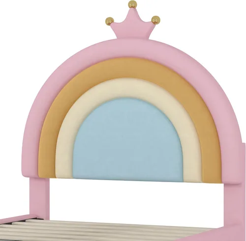 Vista 7 de Cama tapizada con diseño de arcoíris, cama de plataforma de princesa de terciopelo con cajón de almacenamiento, para niños, adolescentes, niños