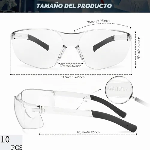 Vista 2 de Salfboy Gafas de seguridad transparentes a granel de 10 ANSI Z87.1, gafas protectoras resistentes a arañazos para trabajo, laboratorio, construcción
