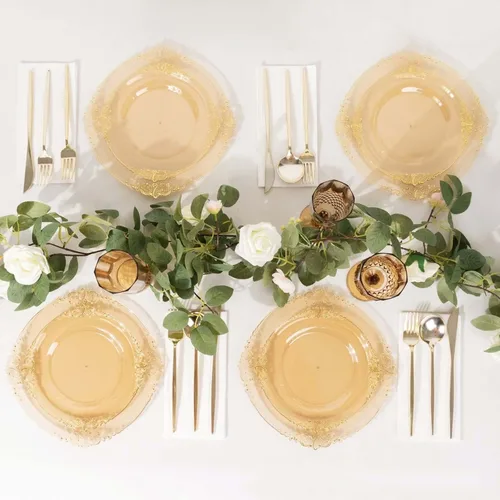 Vista 52 de Efavormart - Paquete de 10 platos de postre barrocos negros y dorados de 8 pulgadas, platos de aperitivo resistentes con borde metálico en relieve