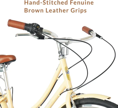 Vista 3 de MICARGI Kansans Beach Cruiser Bike - Empuñaduras de cuero de 7 velocidades y cojín de asiento V-Brake para adultos Vainilla