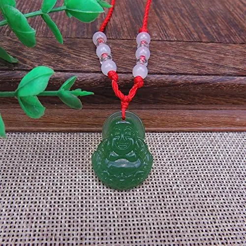 Vista 7 de FORUBUS Collar con colgante de cuerda roja con círculo de Buda de jade verde, amuleto tradicional chino para suerte y protección
