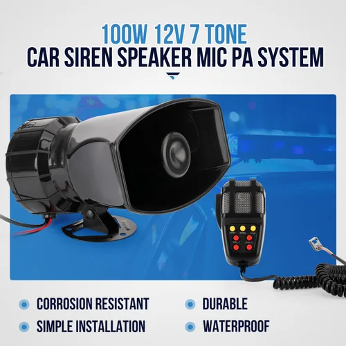 Vista 9 de Bocina de sirena de coche de 7 tonos con micrófono, sirena de alarma de 12 V 100 W, amplificador de emergencia con micrófono, sistema de altavoces