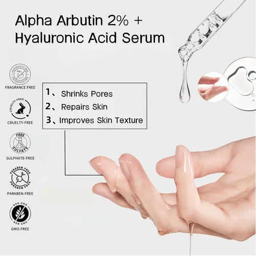 Vista 3 de Suero facial con 2% de alfa arbutina + ácido hialurónico – Suero iluminador para manchas oscuras, decoloración de cicatrices de acné y pigmentación