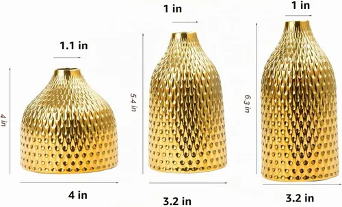 Vista 2 de Juego de jarrones de cerámica – 3 jarrones pequeños, lujosa decoración del hogar, ideal para centros de mesa; decoración ideal para estantes, Dorado
