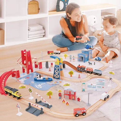 Vista 6 de Giant bean Juego de 117 piezas de tren Busy Port City para niños, juego de vías de tren de madera ampliables y cambiables, juguete grande de Navidad