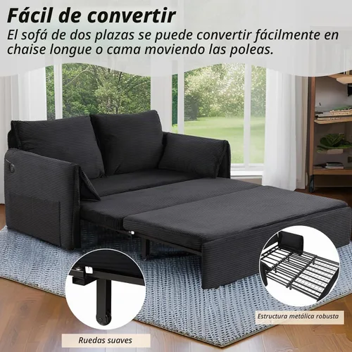 Vista 4 de Sofá cama Queen de 63.8 pulgadas, sofá cama convertible 3 en 1 con soporte para teléfono, puerto USB, cama extraíble de terciopelo