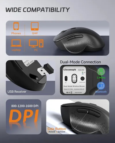 Vista 5 de Uiosmuph Ratón inalámbrico Bluetooth G09, BT5.1 y 2.4Ghz recargable con receptor USB y adaptador tipo C, ratones Bluetooth ergonómicos para laptop