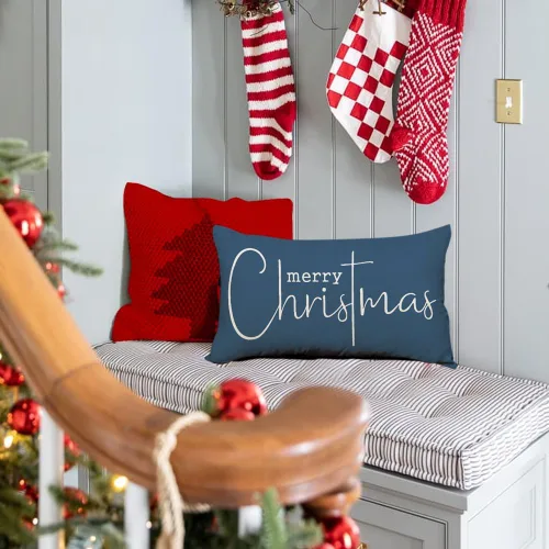 Vista 4 de RABUSOFA Fundas de Almohada de Navidad de 12 x 20 pulgadas, Decoraciones con Frase de Feliz Navidad, Fundas de Almohadas Decorativas de Invierno Azul